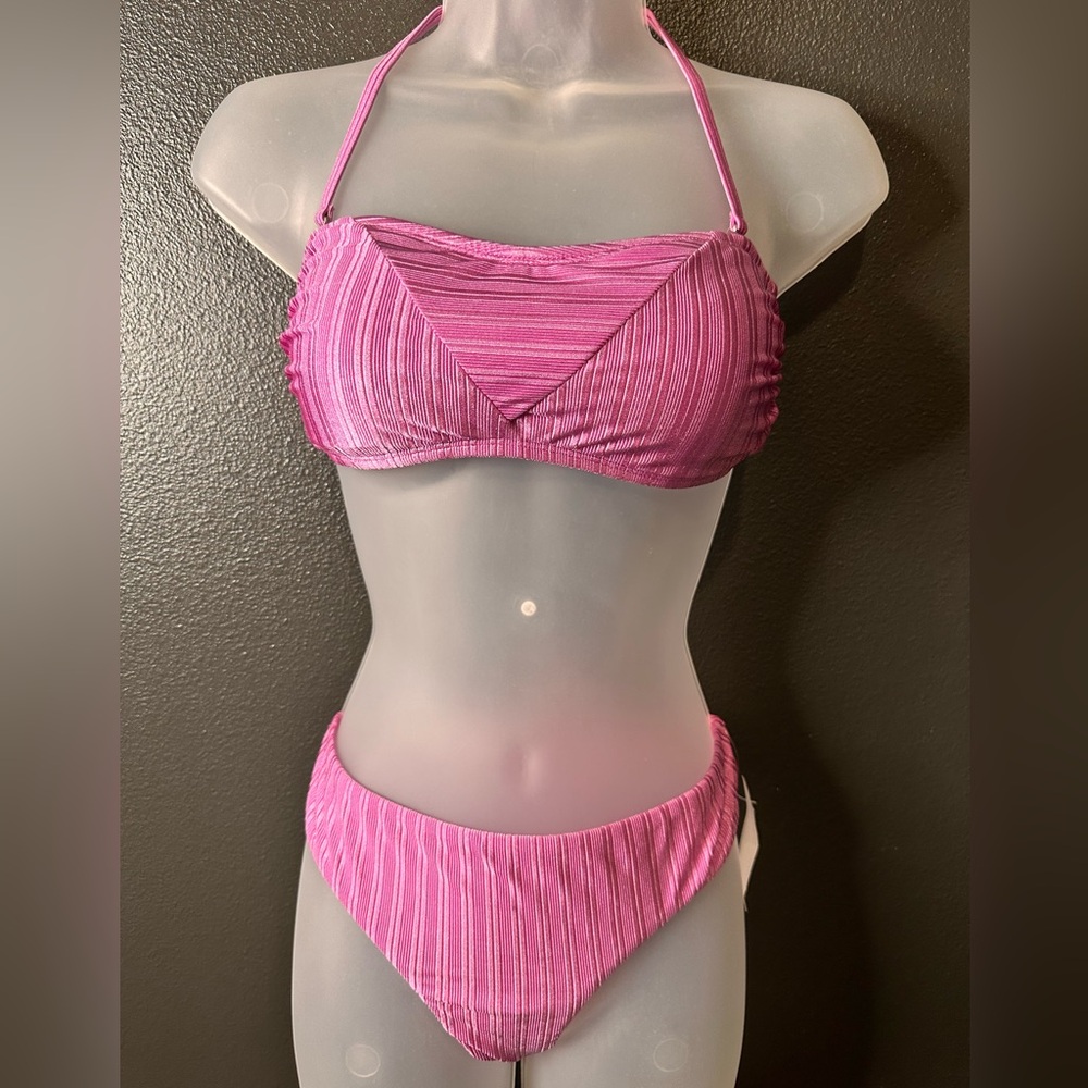The Bikini Lab Luster Ribbed Bandeau Top & Bottom, Pink, Size M